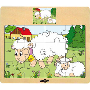 Woody Displ. 12ks - Puzzle na desce "Mašinka" - zvířata s mláďaty