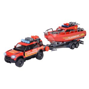 Autíčko hasičské s přívěsem a lodí Land Rover Fire Rescue Majorette kovové se zvukem a světlem délka 33,5 cm