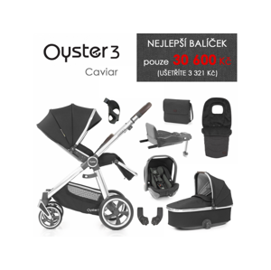 Oyster 3 Nejlepší set 8 v 1 CAVIAR (MIRROR rám) kočár + hl.korba + autosedačka + adaptéry + fusak + taška + isofix báze + držák na nápoje