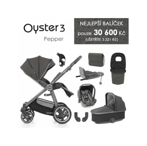 Oyster 3 Nejlepší set 8 v 1 PEPPER (CITY GREY rám) kočár + hl.korba + autosedačka + adaptéry + fusak + taška + isofix báze + držák na nápoje